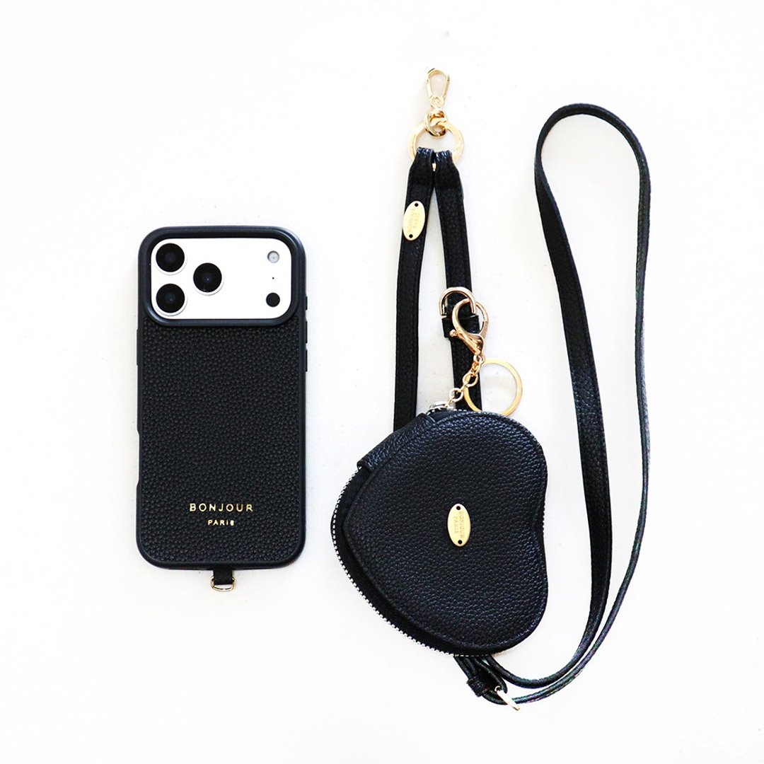 日本新品 (壳 + 挂绳)iPhone17.16.15 巴黎玛黑皮革斜背挂绳手机壳 - 手机壳/手机套 - 人造皮革 黑色