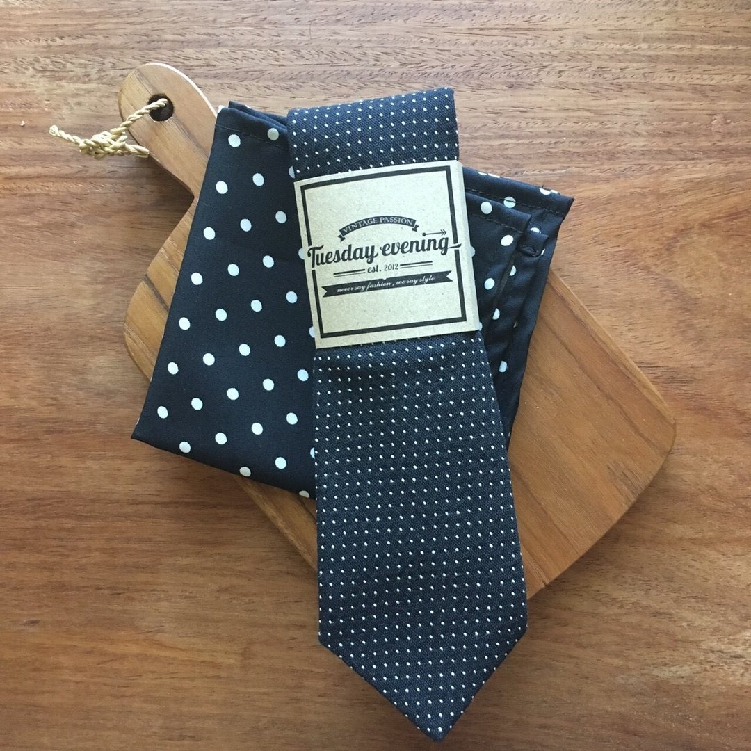 Black Polka Dot Tie Set - 领带/领带夹 - 棉 黑色