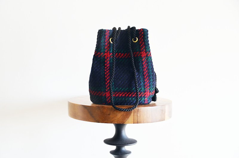 限量发售！羊毛罗纹格纹 2WAY 波士顿包 小斜背包 宝蓝×红色 圣诞礼物・犒赏自己 - 侧背包/斜挎包 - 棉．麻 红色