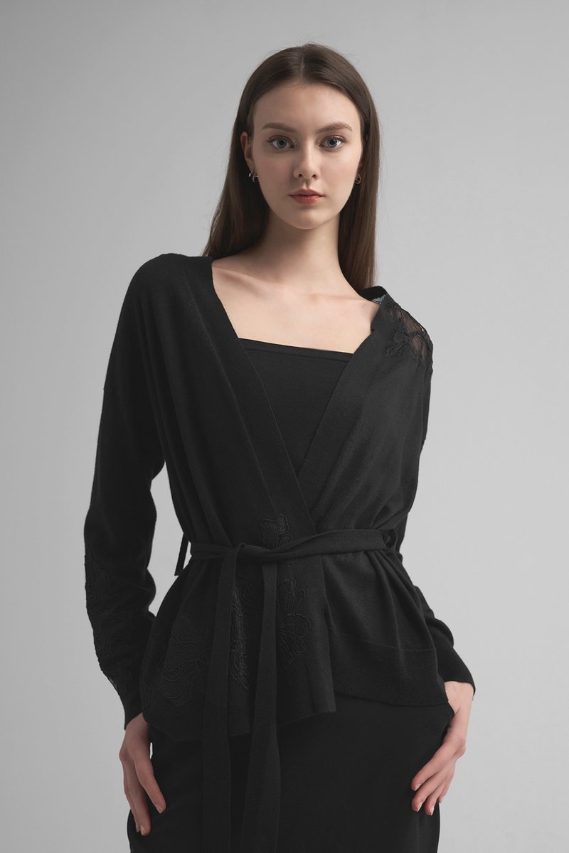 Joelene左岸街头开襟绑带缇花针织外套 - 女装针织衫/毛衣 - 羊毛 黑色