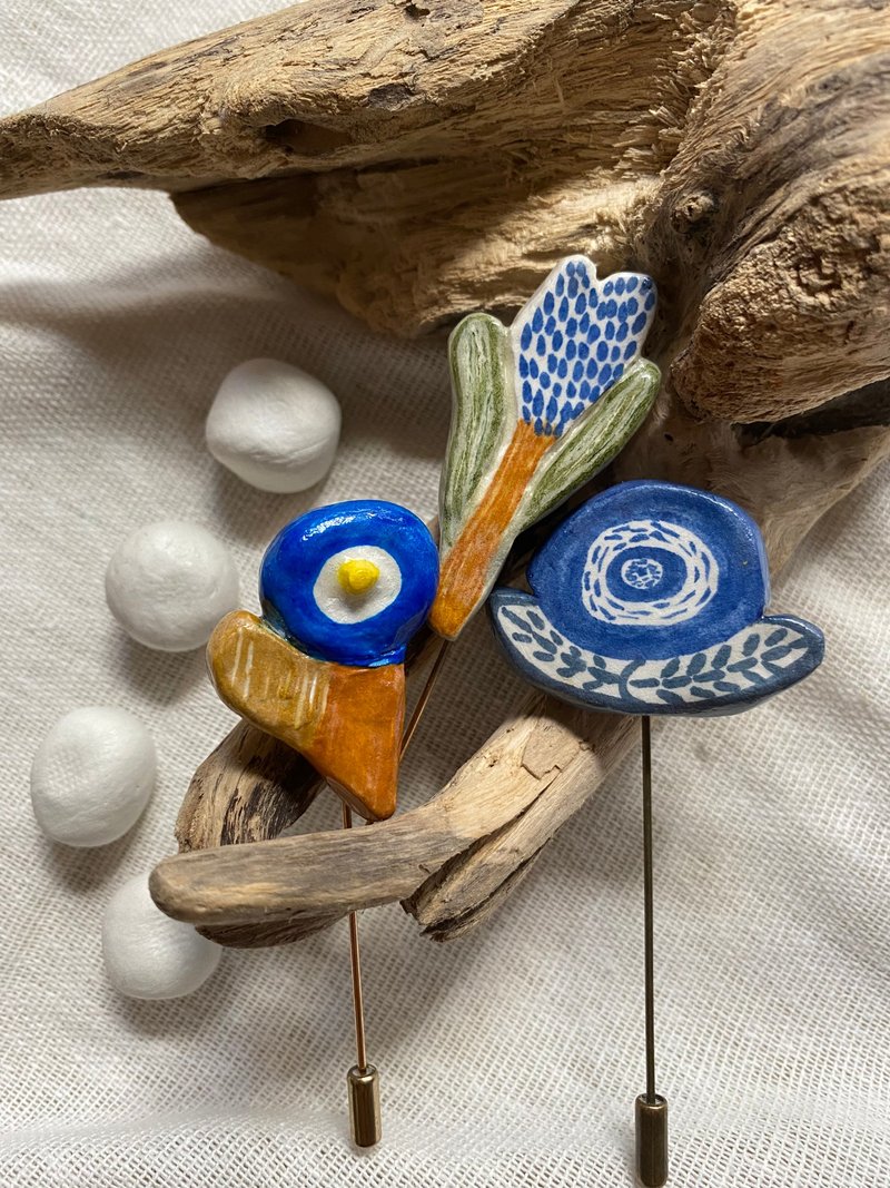 森山蓝调花花 手绘黏土胸针 | 摆设 - 胸针 - 粘土 