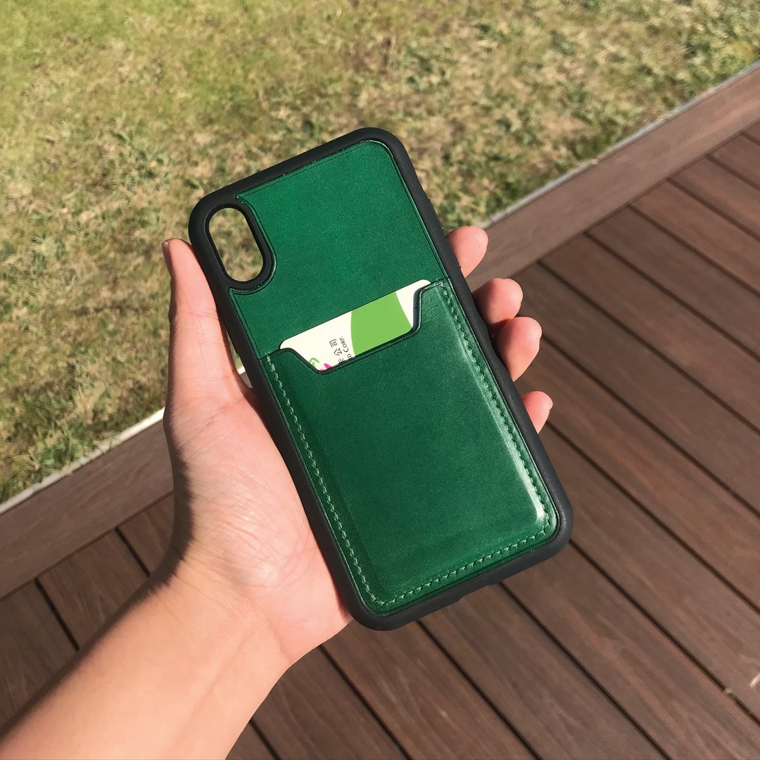 【iPhone咭位手机壳】绿色植鞣牛皮/防摔全包覆/悠游卡套 - 手机壳/手机套 - 真皮 绿色
