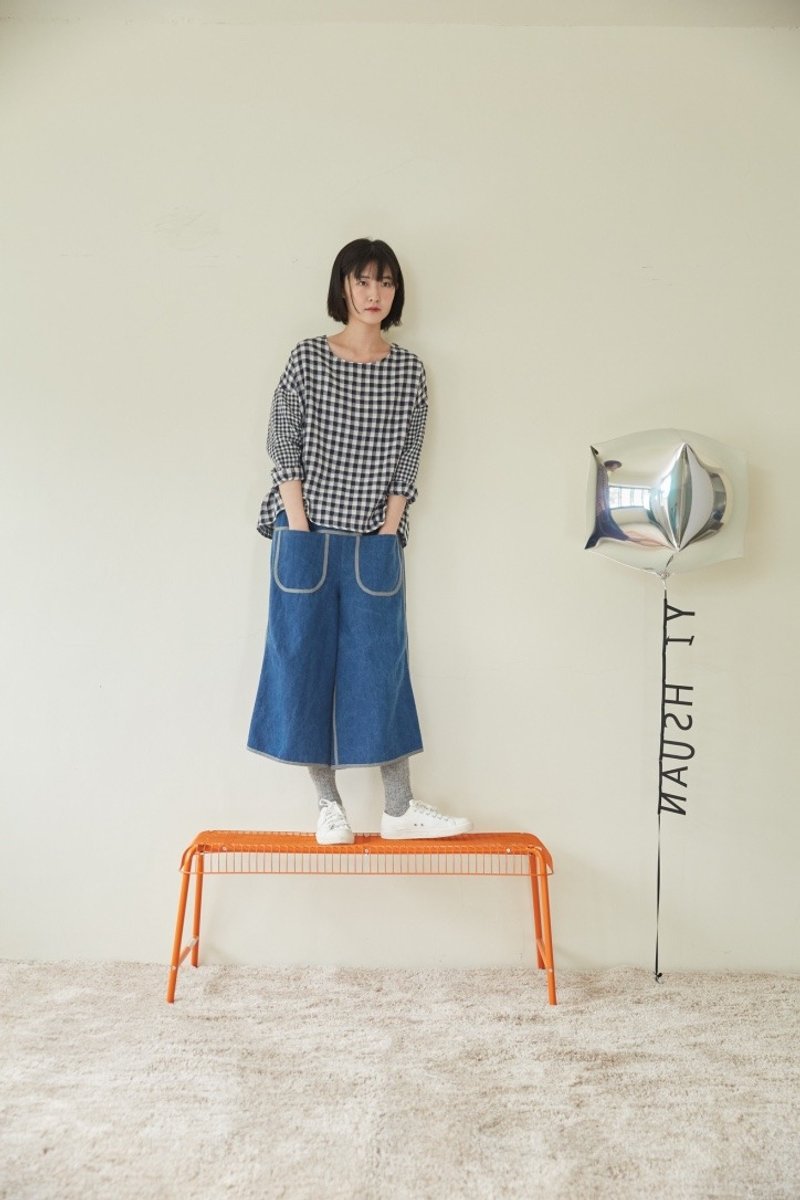 三重棉麻大格小格上衣 - 女装上衣 - 棉．麻 蓝色