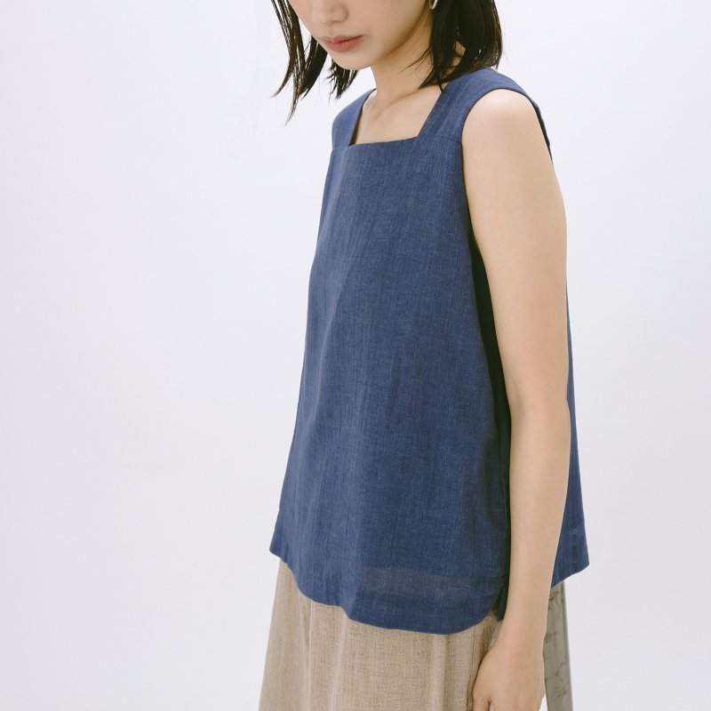 方领宽带背心 - 薰衣草蓝 - 女装背心 - 棉．麻 蓝色