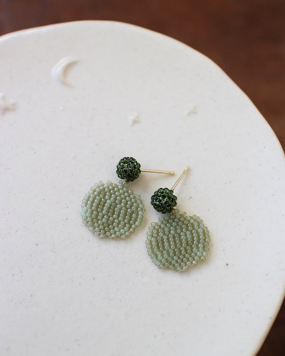 串珠耳饰_圆片/苔藓绿 - 耳环/耳夹 - 玻璃 绿色