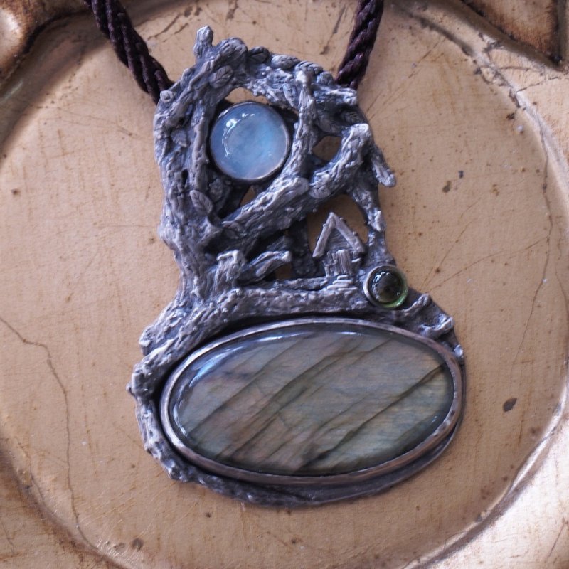 Reserved 创意银饰 拉长石 月光石 碧玺手工纯银Labradorite - 项链 - 半宝石 多色