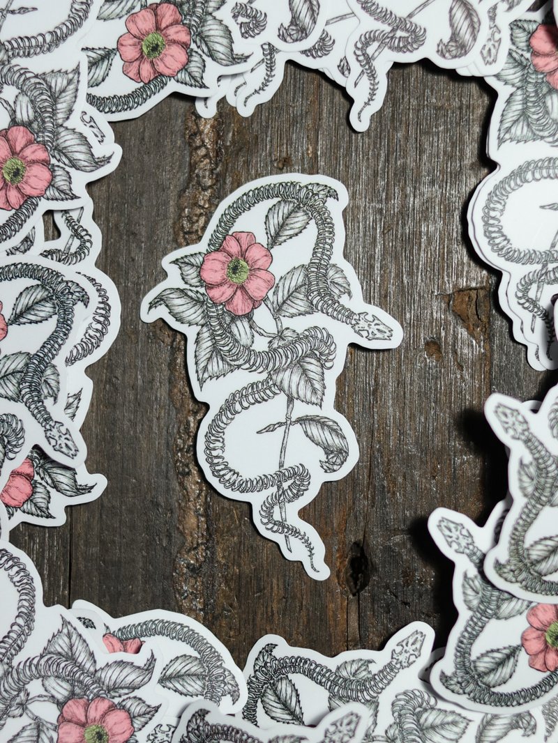 复古手绘风贴纸 蛇骨与花 - 贴纸 - 纸 黑色