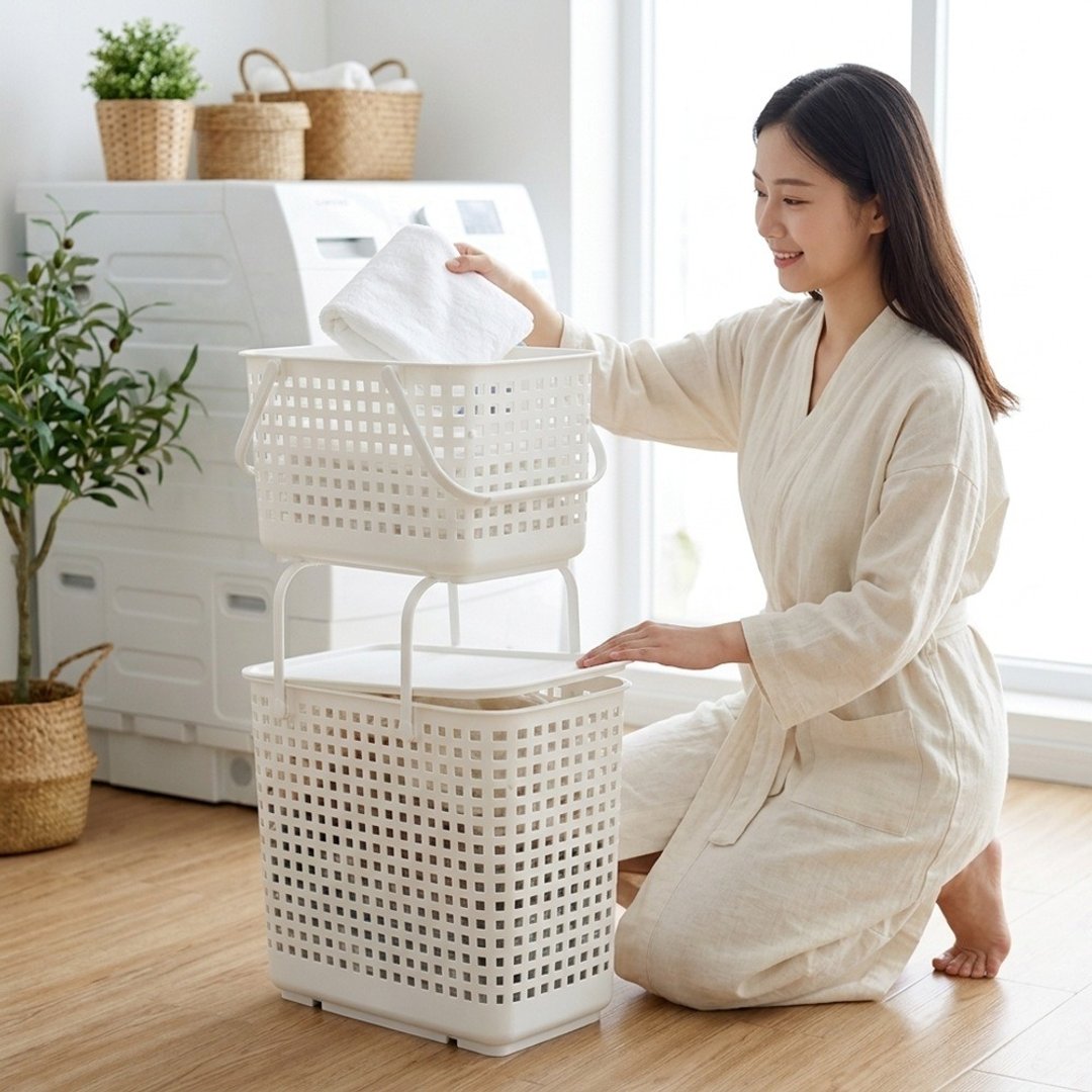 日本 Like-it 窄款多功能可堆叠含盖收纳篮洗衣篮 二层组 - 收纳用品 - 塑料 
