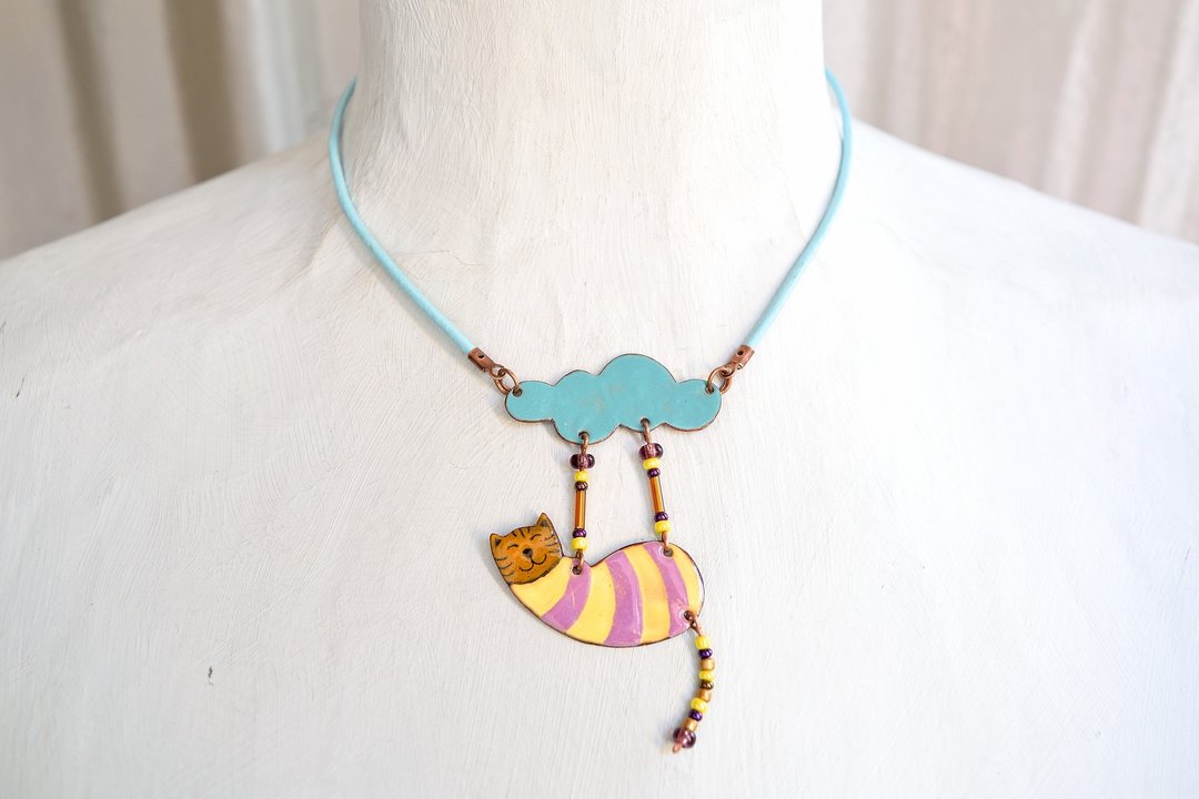 Jewelry, Necklace, Pendant, Enamel, Cat, Cloud, Enamel Pendant, Cat Pendant, Funny Cat, Boho Cat, Happy Cat, Cat Necklace, Enamel Necklace, Boho Necklace, Cloud And Cat, Enameled Pendant, Striped Jewelry, Enamel Jewelry, - 项链 - 珐琅 