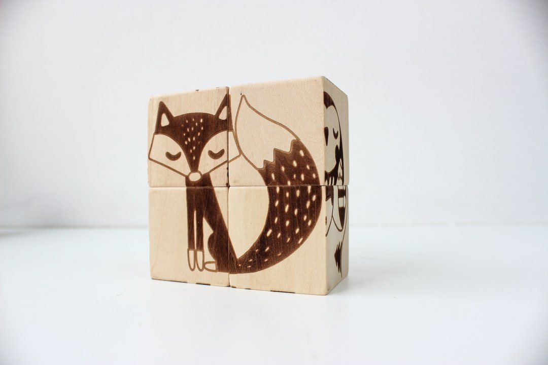 Wooden Block: 4 Cubes Puzzle forest animals, Montessori Learning Toy for 1 2 3 4 - 玩具/玩偶 - 木头 咖啡色