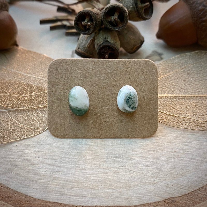 石光-天然矿石耳环-水草玛瑙06 - 耳环/耳夹 - 半宝石 绿色