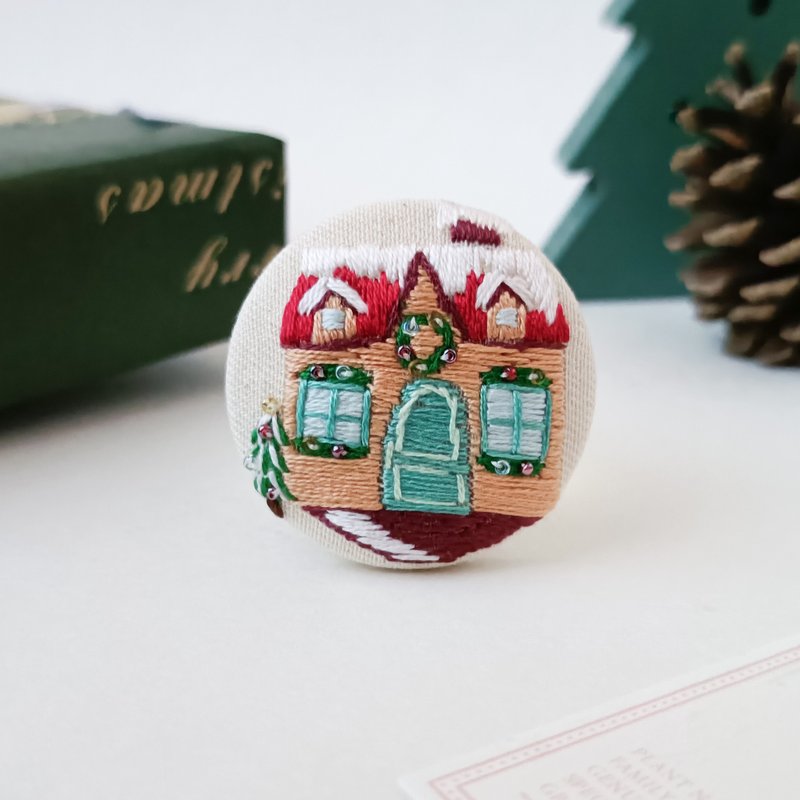 圣诞彩灯房屋刺绣胸针 - 胸针 - 棉．麻 咖啡色