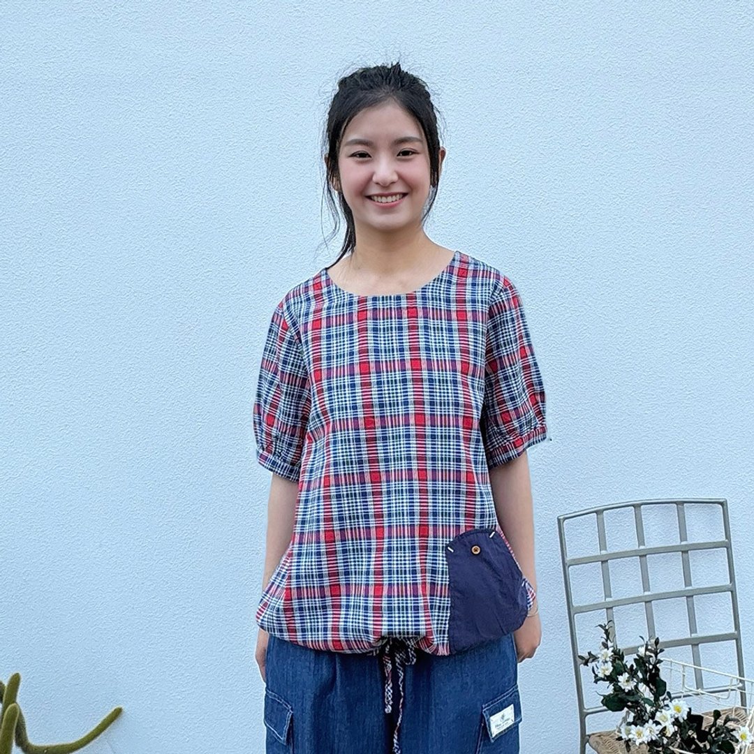 Hana Mokuba 圆领格纹小鸟口袋绑带收口上衣 - 女装上衣 - 其他材质 