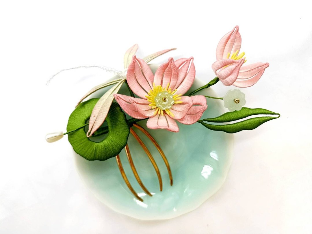 荷影蜻舞 粉色荷花蜻蜓古风缠花发簪发饰饰品配件 - 发饰 - 绣线 粉红色