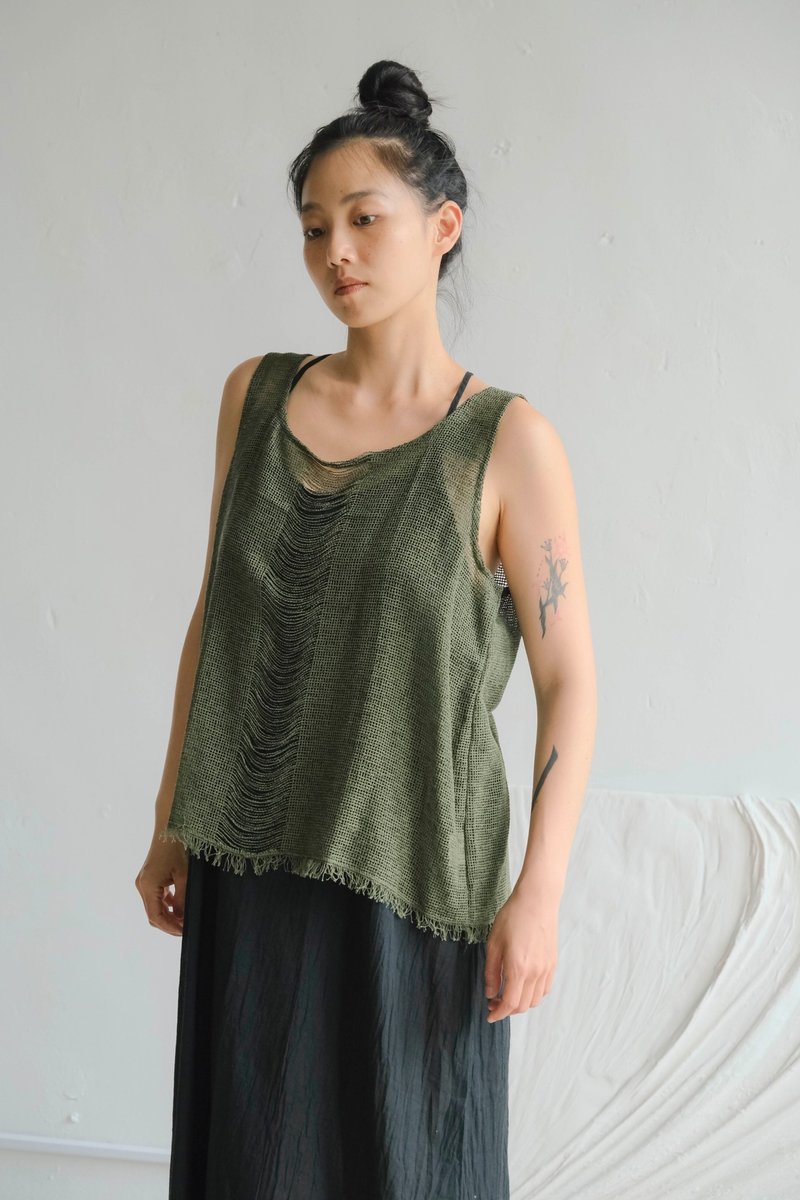 网格针织须线罩衫背心 / Hemp 橄榄绿 - 女装背心 - 棉．麻 绿色