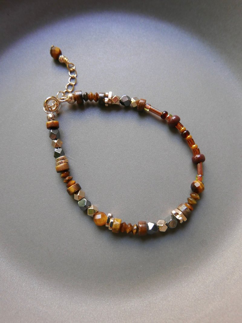 量身订制/天然石手链/黄虎眼石/黑胆石 - 手链/手环 - 半宝石 咖啡色