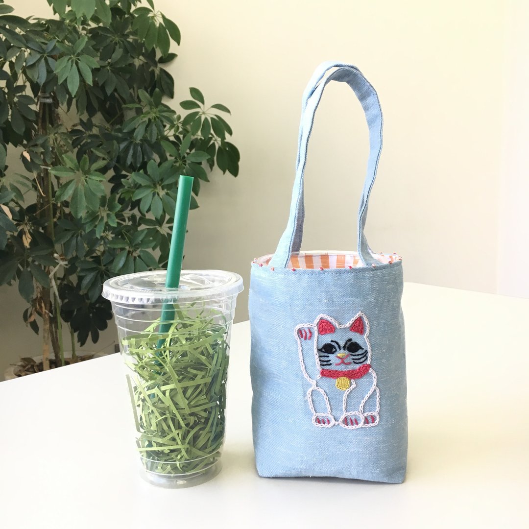 Cafe bag invitation cat right hand - 手提包/手提袋 - 棉 蓝色