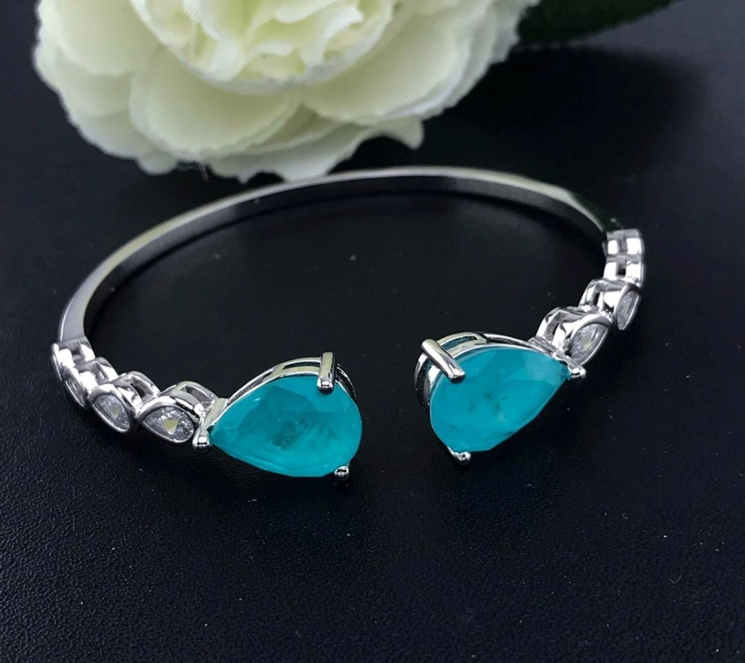 Paraiba Tourmaline Bracelet, Blue Paraiba Tourmaline Bangle, Paraiba Cuff Bangle - 手链/手环 - 其他金属 银色