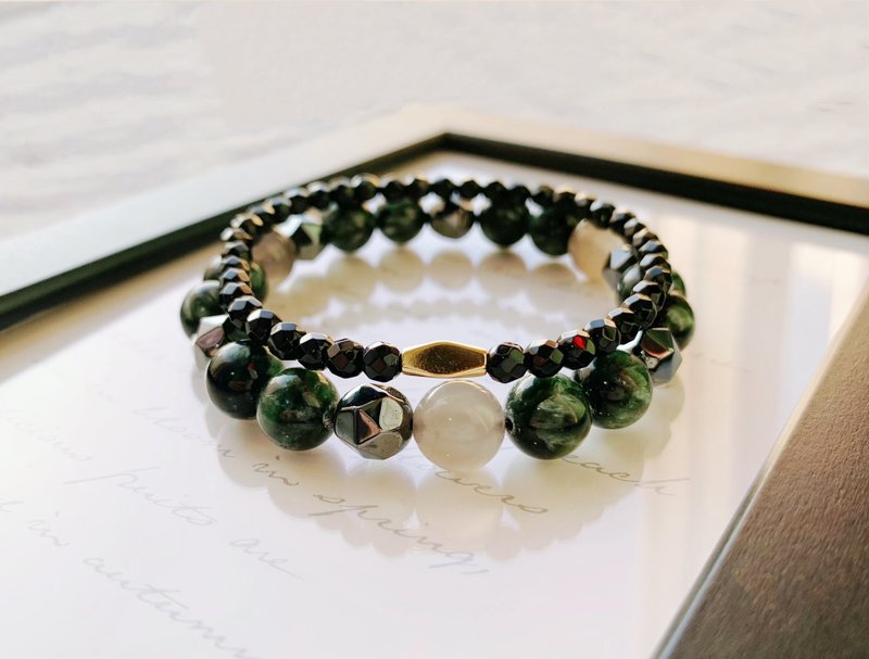 高品绿龙晶/灰太阳石/黑胆石/黑玛瑙 手作设计款能量水晶手链 - 手链/手环 - 水晶 