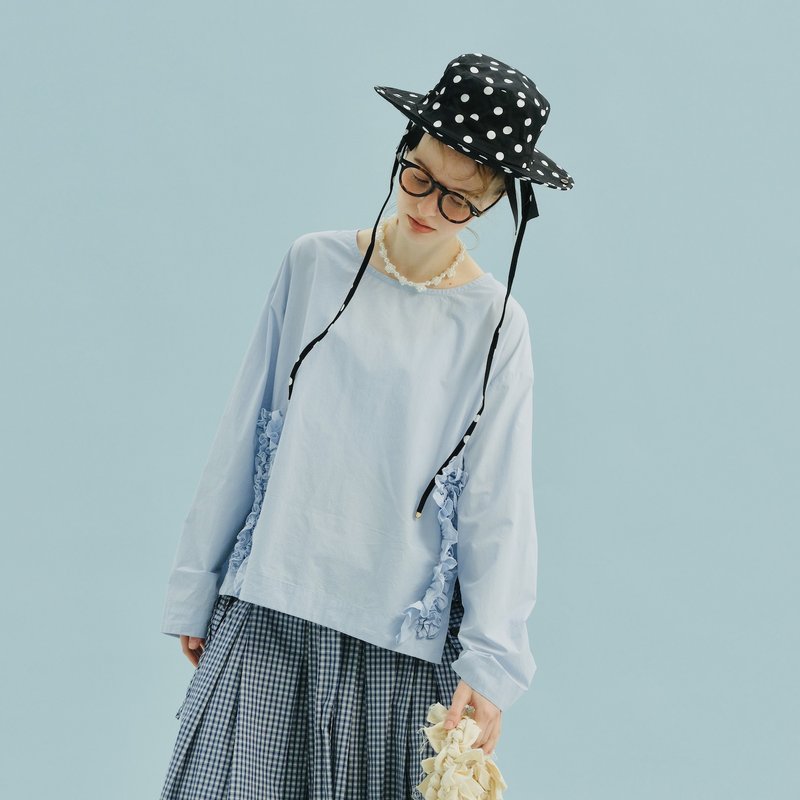 蓝色圆领长袖缀花棉上衣 / 衬衫 - 女装衬衫 - 棉．麻 蓝色