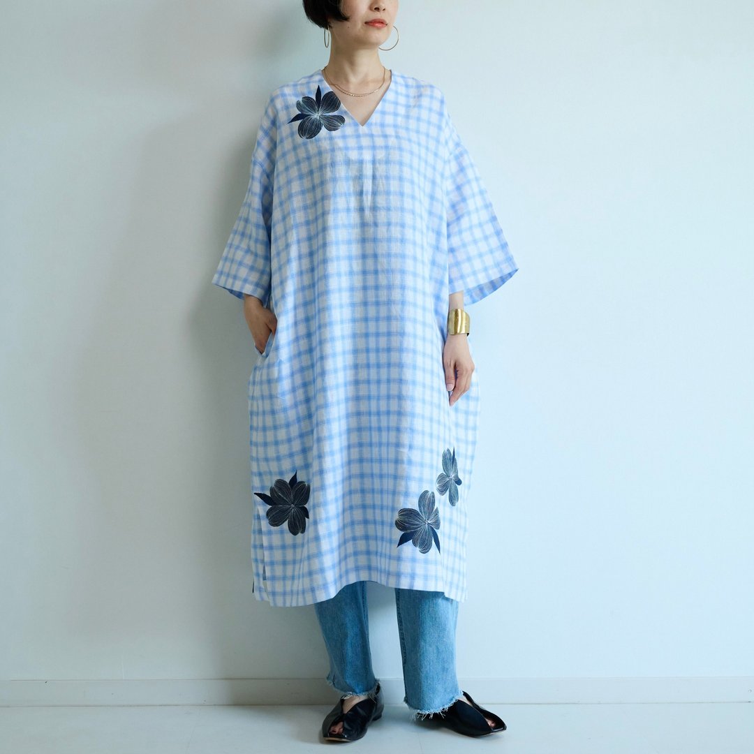 格纹亚麻 kaftan 洋装 - 花榈木 - 洋装/连衣裙 - 棉 蓝色