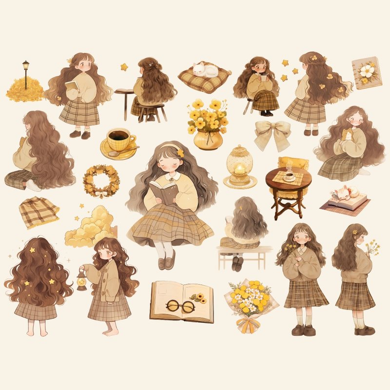 水彩女孩前后设计素材套装 秋季手账拼贴插画PNG数字贴纸 - 电子手绘真人画像/绘画/插画 - 其他材质 