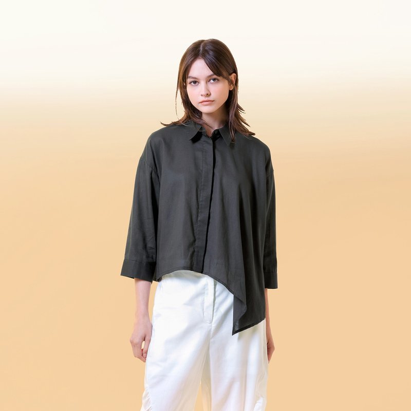 垂坠落片不对称衬衫 - 女装衬衫 - 棉．麻 咖啡色