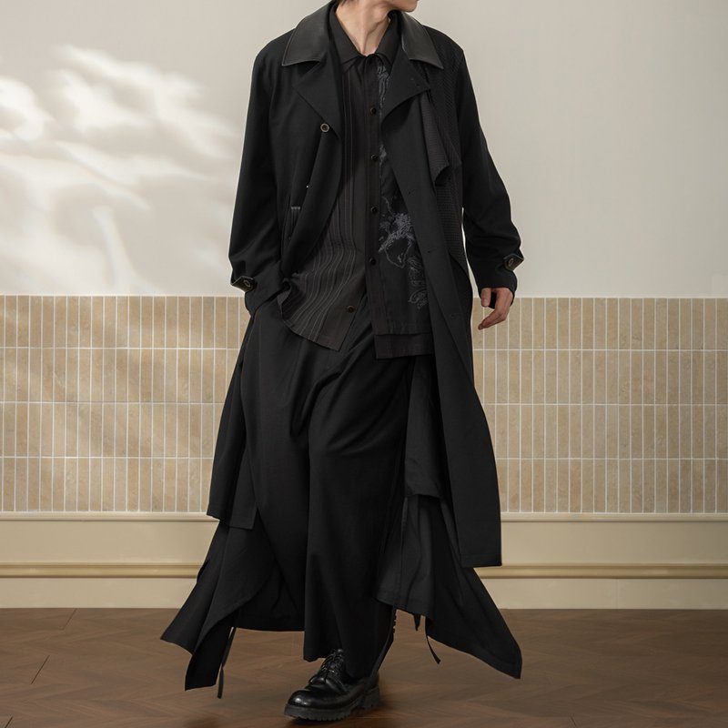 【莺之舞】都市复古 100%羊毛可拆卸不规则外片裙裤/九分阔腿裤 - 男士长裤 - 羊毛 黑色