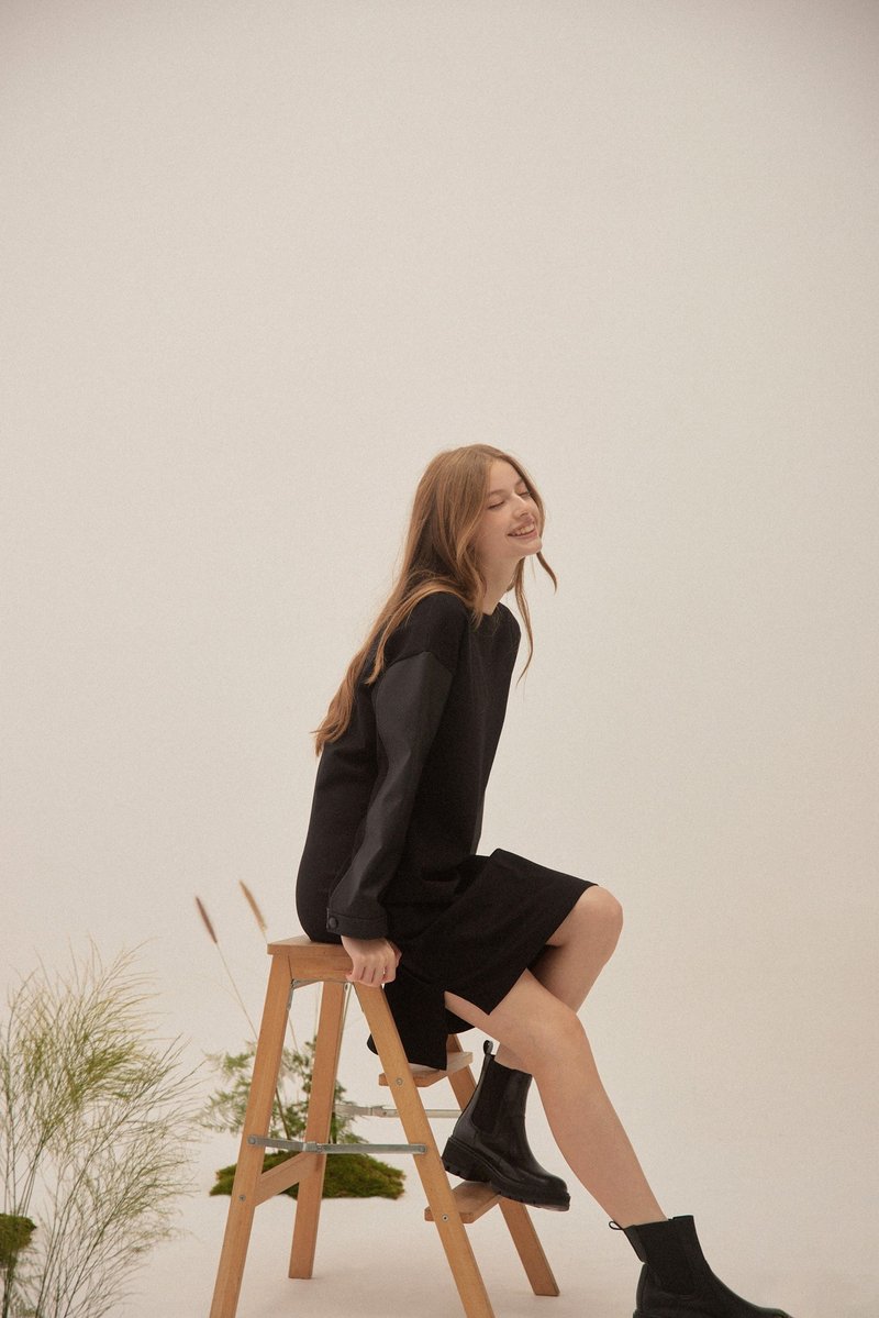 EVOPURE+ KLARA 长袖皮革拼接连身洋装 - 洋装/连衣裙 - 其他材质 蓝色