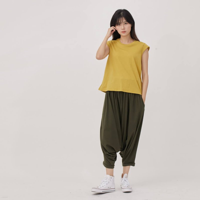 Tommy寬腰帶梯形寬褲/墨綠 - 女装长裤 - 棉．麻 绿色