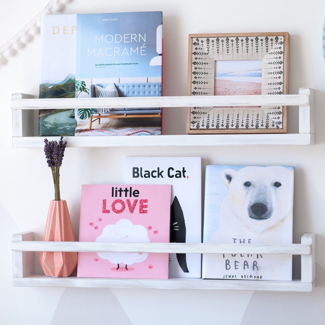 Set of 2 Rustic Floating Book Shelves from Natural Wood, Kids Wall Bookshelf - 书架/书挡 - 木头 
