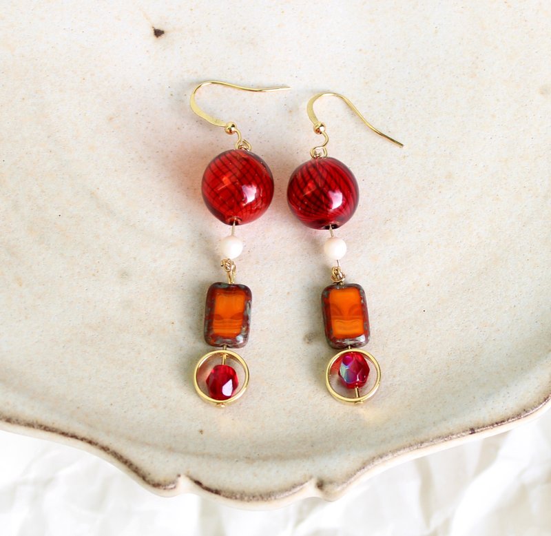 复古 玻璃珠 糖果造型 耳环/ 红色 /天然石/几何 /耳夹 - 耳环/耳夹 - 玻璃 红色