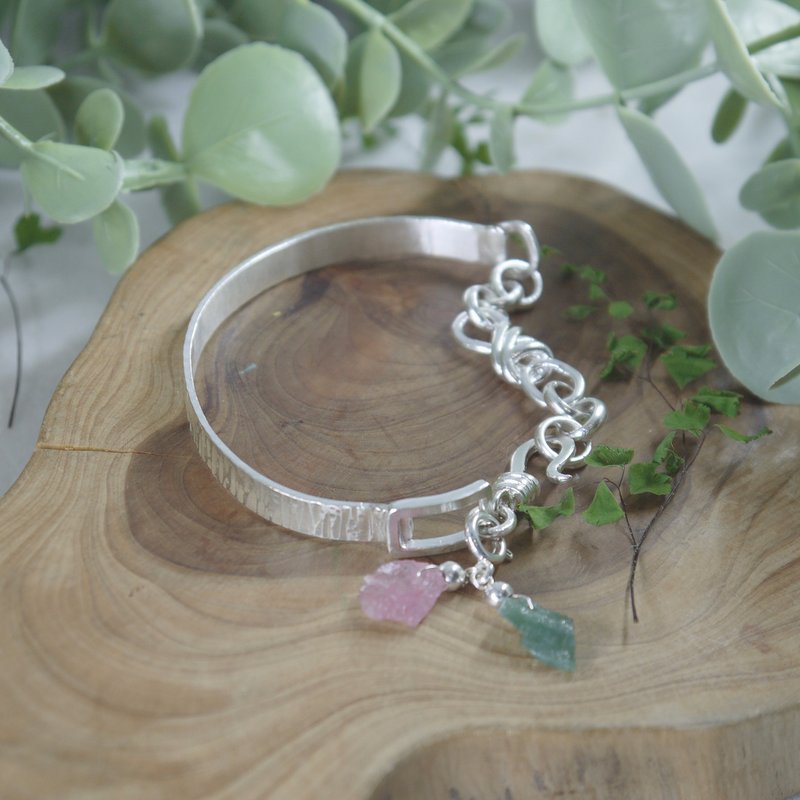 碧玺原矿坠锻敲纹半环链 - 手链/手环 - 纯银 