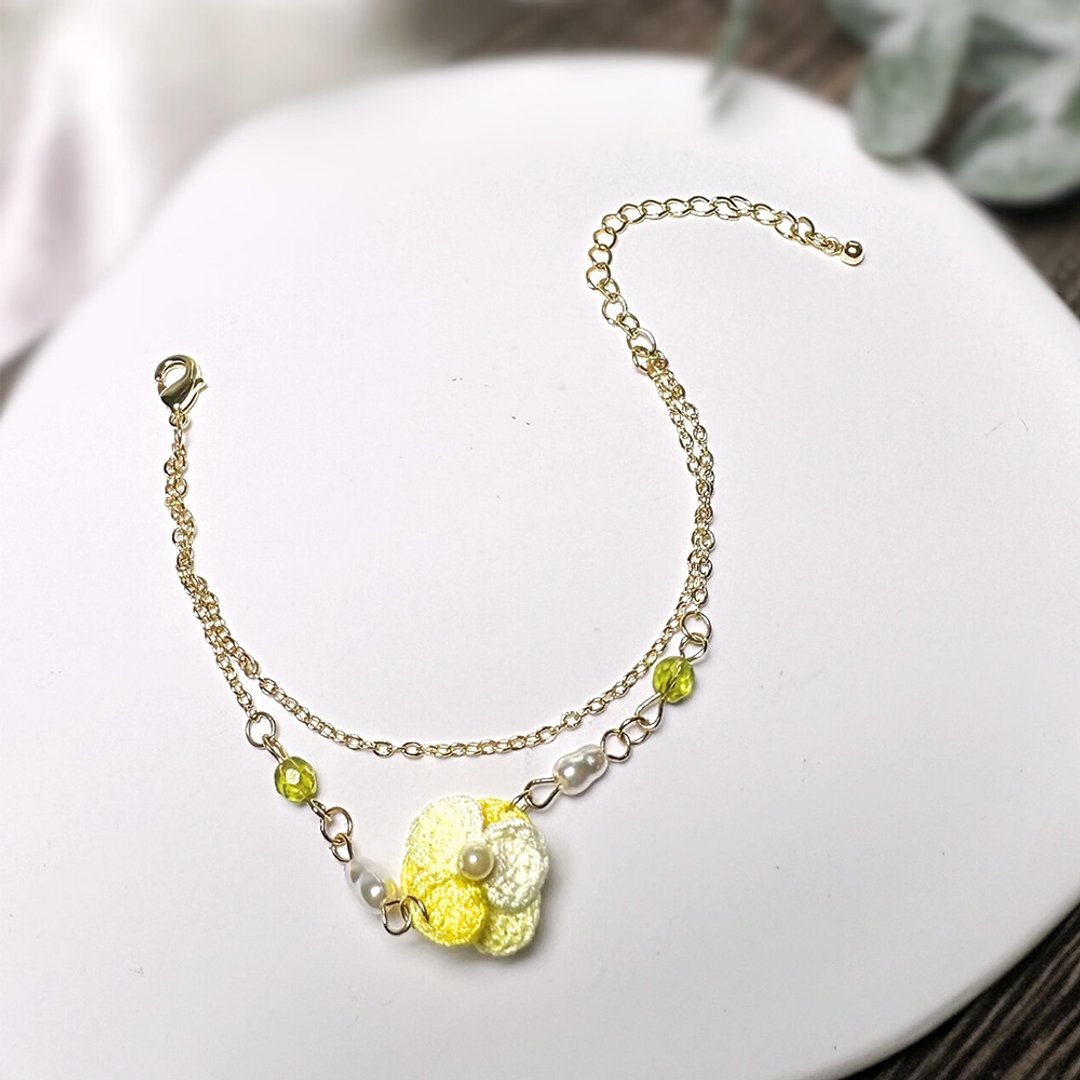 春芽微晨 手链 手环 细链  钩针 微钩 立体 花朵 - 手链/手环 - 棉 黄色