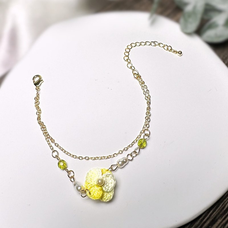 春芽微晨 手链 手环 细链  钩针 微钩 立体 花朵 - 手链/手环 - 棉．麻 黄色