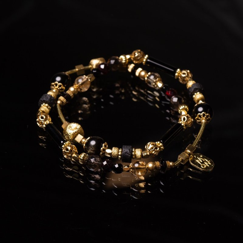 化羽成蝶 I 金曜石黑玛瑙茶晶双圈手链 C1442 - 手链/手环 - 宝石 