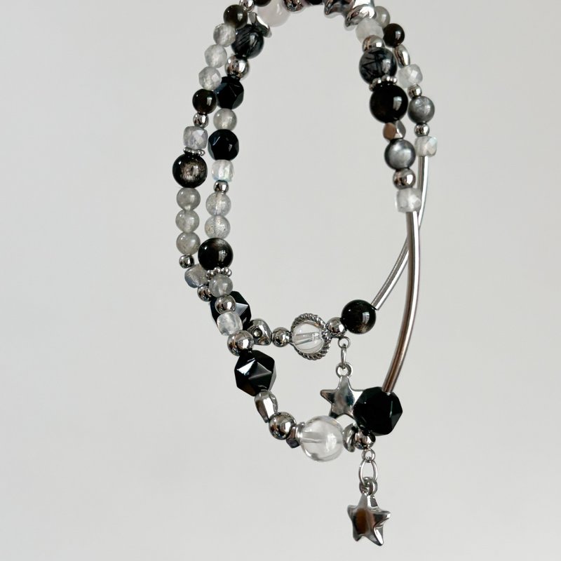 -黑夜中最亮的星-黑白简约对链.水晶手链.黑曜石.蓝针.发晶.星辉 - 手链/手环 - 水晶 黑色