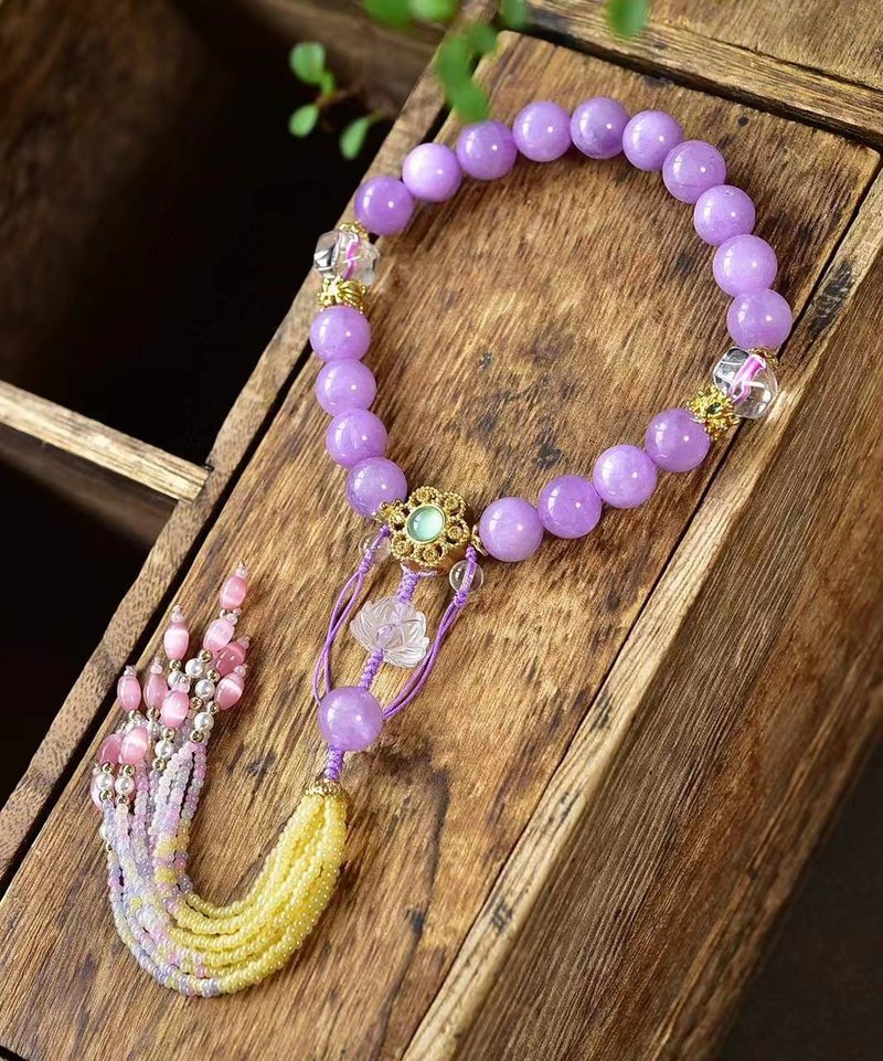 天然原矿紫水晶 白水晶莲花 设计单圈手串手持mf - 手链/手环 - 水晶 紫色