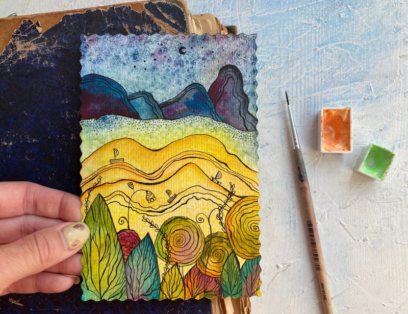 Yellow river painting Mini Original watercolor card Small artwork Miniature art - 海报/装饰画/版画 - 纸 黄色