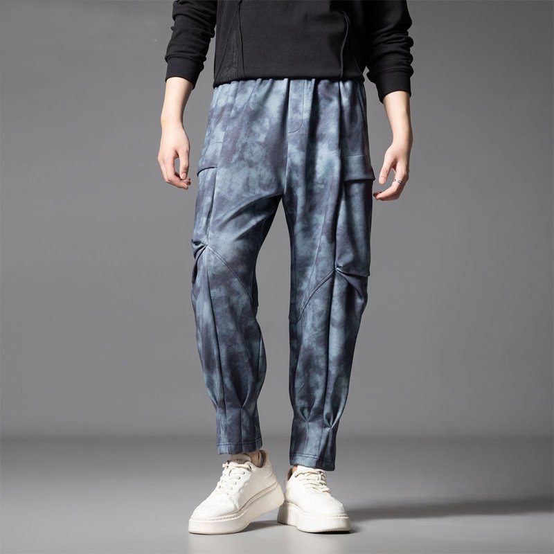 秋季扎染迷彩束脚工装裤 男士休闲长裤 - 男士长裤 - 聚酯纤维 蓝色