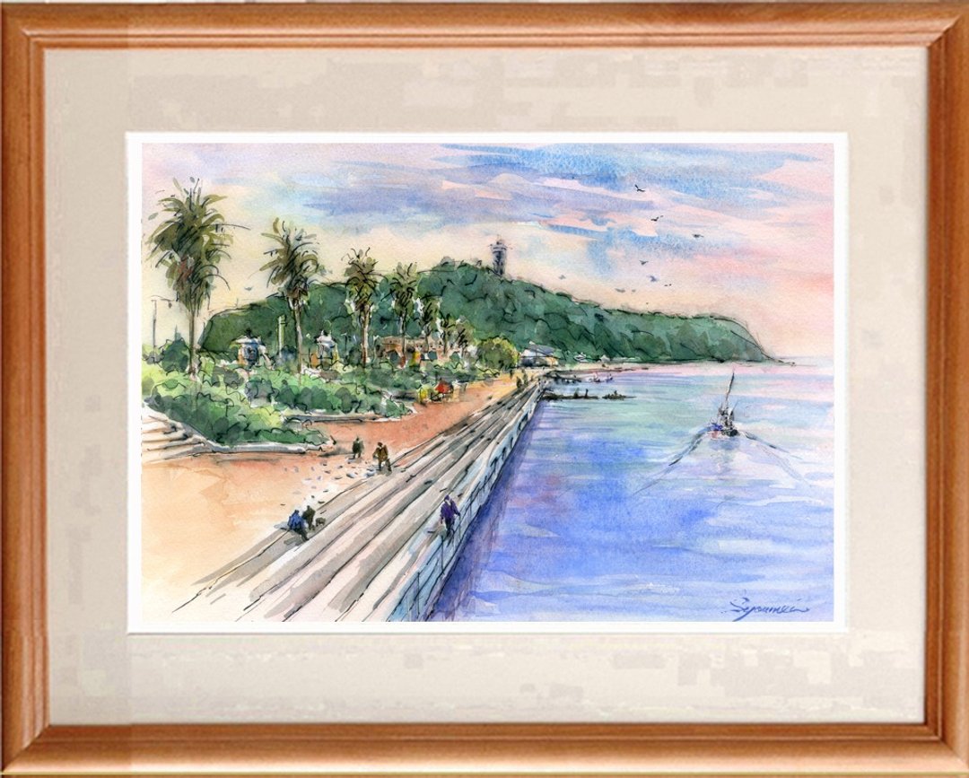 Watercolor painting original Enoshima evening 10 - 海报/装饰画/版画 - 纸 绿色