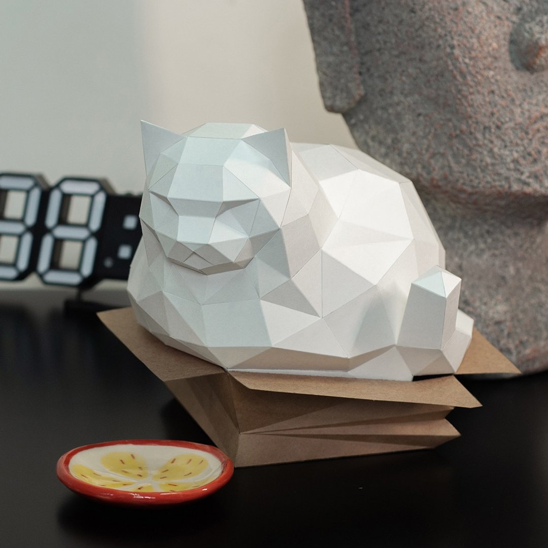 DIY手作3D纸模型摆饰 肥猫系列 - 纸箱胖猫 (3色可选) - 玩偶/公仔 - 纸 白色
