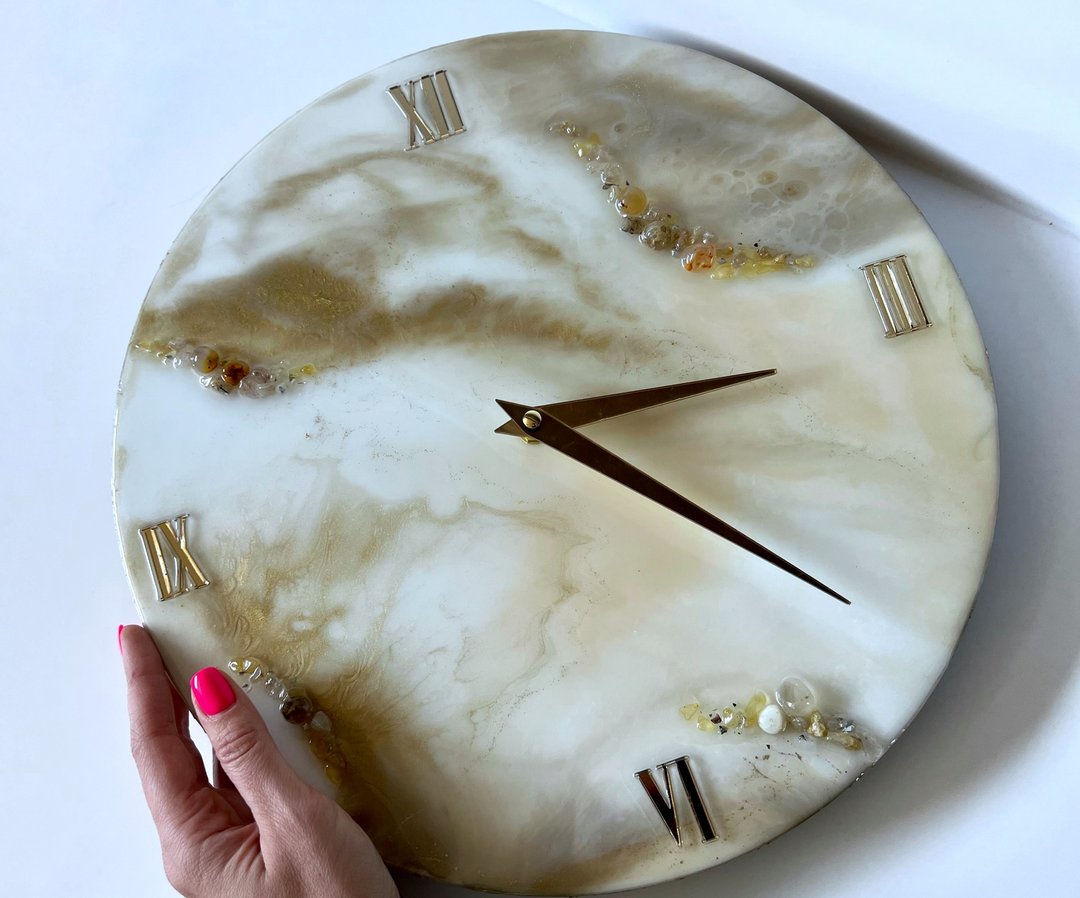 Large marble agate modern clock with natural stones agate and citrin 掛鐘 壁飾 客廳 掛畫 - 时钟/闹钟 - 树脂 白色