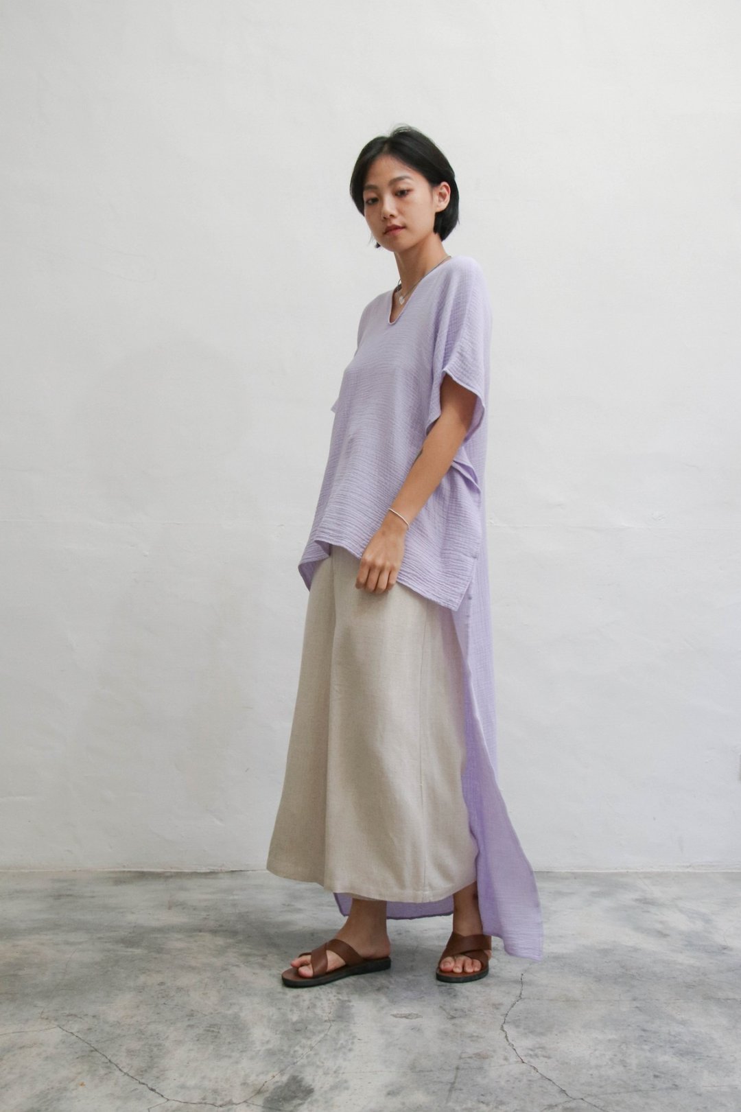 双层纱前后V领层次上衣 淡紫 - 女装上衣 - 棉．麻 紫色
