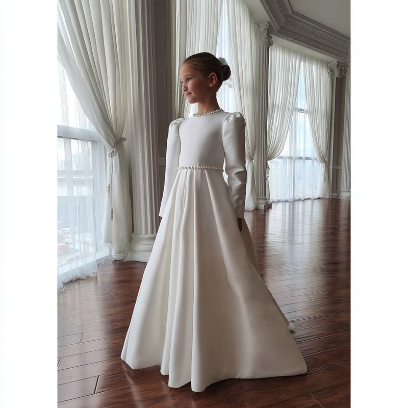 伴娘白色缎面女孩表演礼服 带珍珠 棉质 手工制作 - 童装礼服/连衣裙 - 其他材质 多色