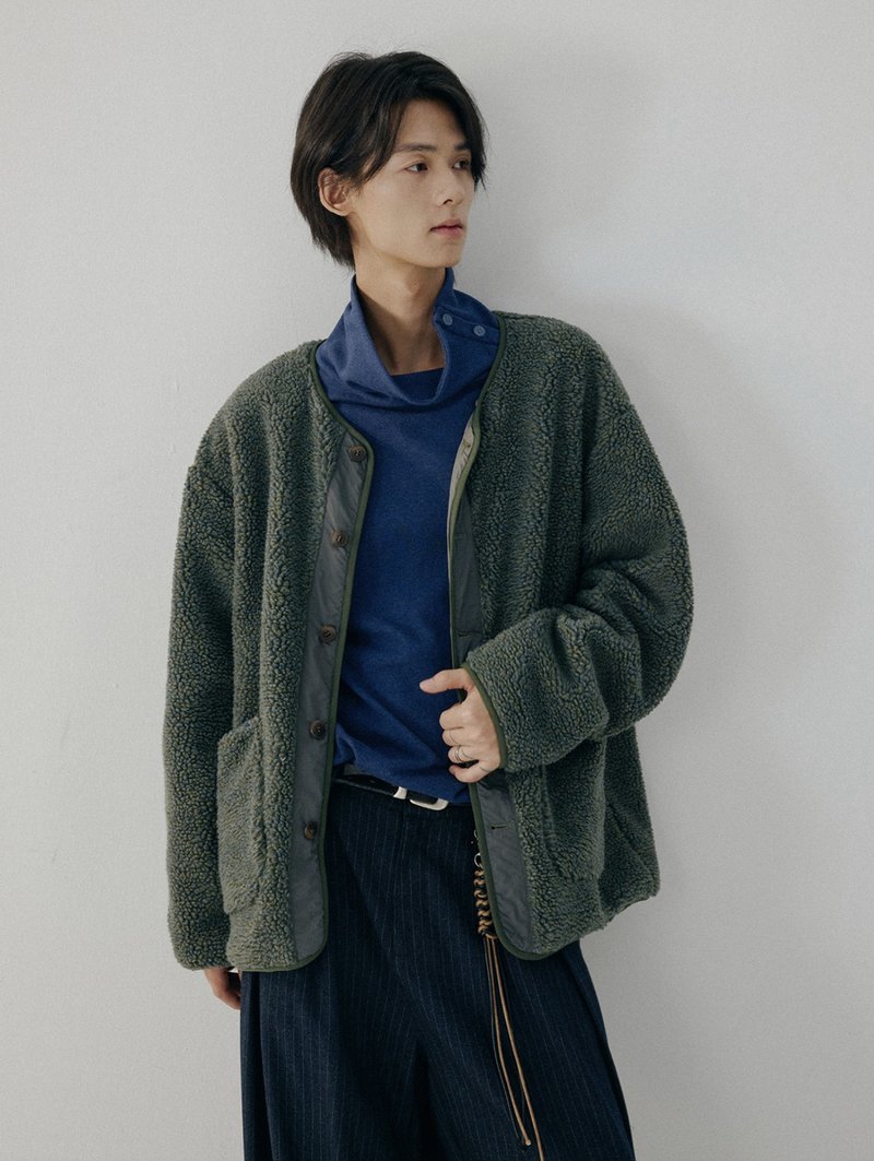 日系复古 / 短款无领夹克外套 / 羊羔毛 - 男装外套 - 其他材质 绿色