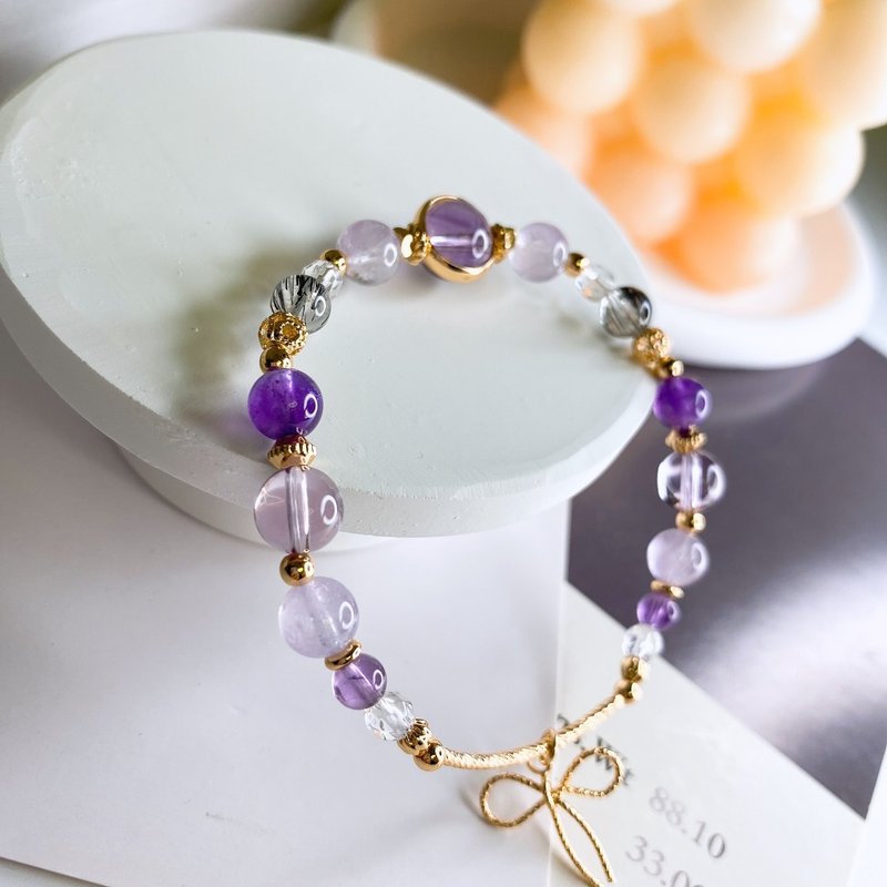 梦回 紫水晶 黑发晶 白水晶 月光石弹性水晶天然石手链手环 - 手链/手环 - 水晶 紫色