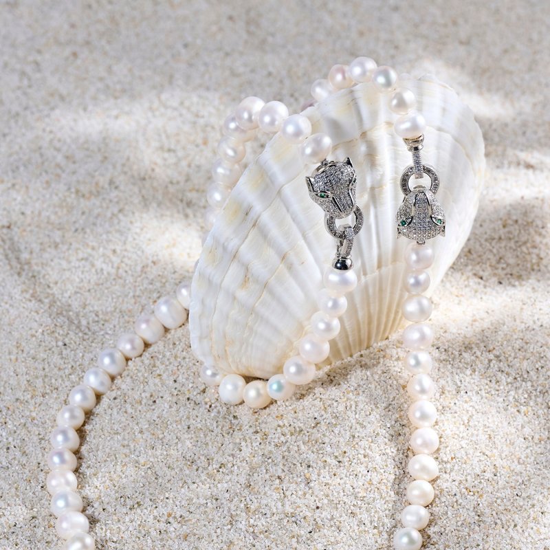 天然白色珍珠豹头扣套装 8-9mm 时尚经典 万圣节礼物 - 项链 - 珍珠 白色