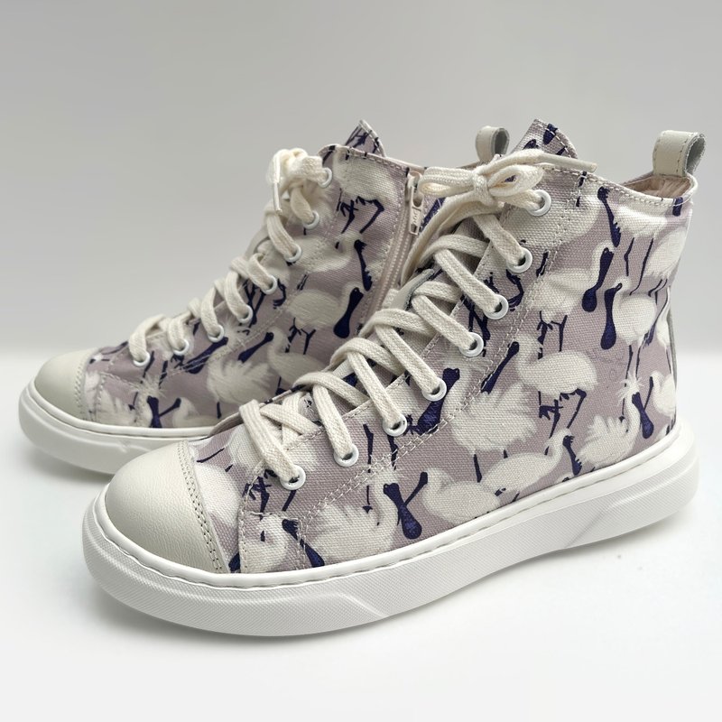 黑面琵鹭_手工印花帆布鞋 灰紫 - 女款休闲鞋 - 真皮 红色