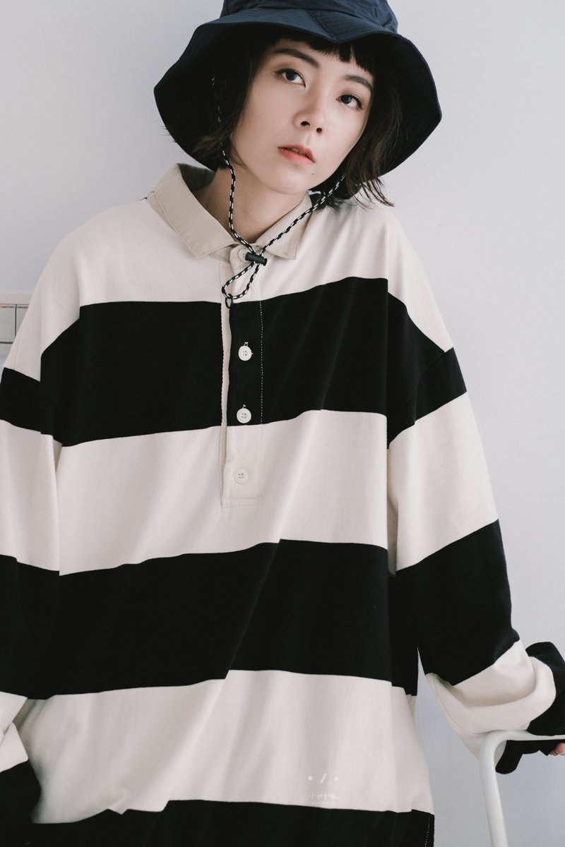 POLOLO领宽身条纹上衣 中性身形友善 - 3色 - POLO黑 - 女装 T 恤 - 棉．麻 黑色